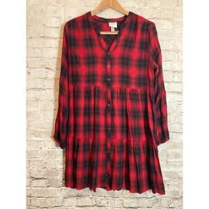 Knox Rose Babydoll Dress Womens Large Red Buffalo Check Plaid Tiered Boho